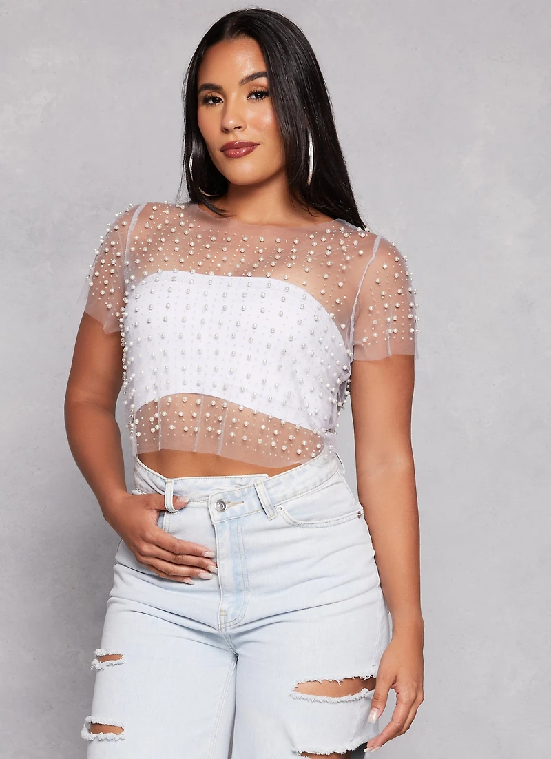 Womens Haute Monde Mesh Rhinestone Faux Pearl Short Sleeve Top, Grey, Size L