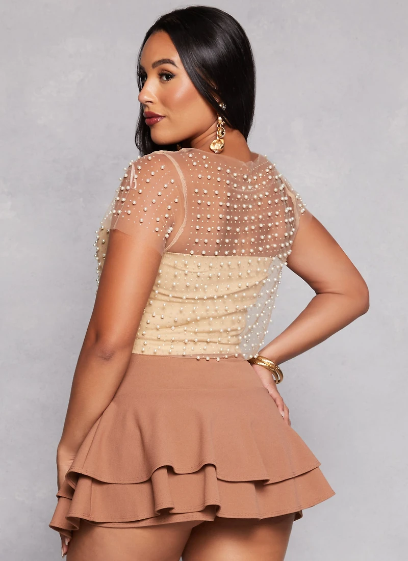 Womens Haute Monde Mesh Rhinestone Faux Pearl Short Sleeve Top, S