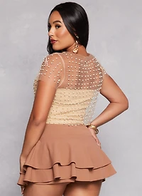 Womens Haute Monde Mesh Rhinestone Faux Pearl Short Sleeve Top, S