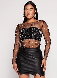 Haute Monde Mesh Rhinestone Faux Pearl Top