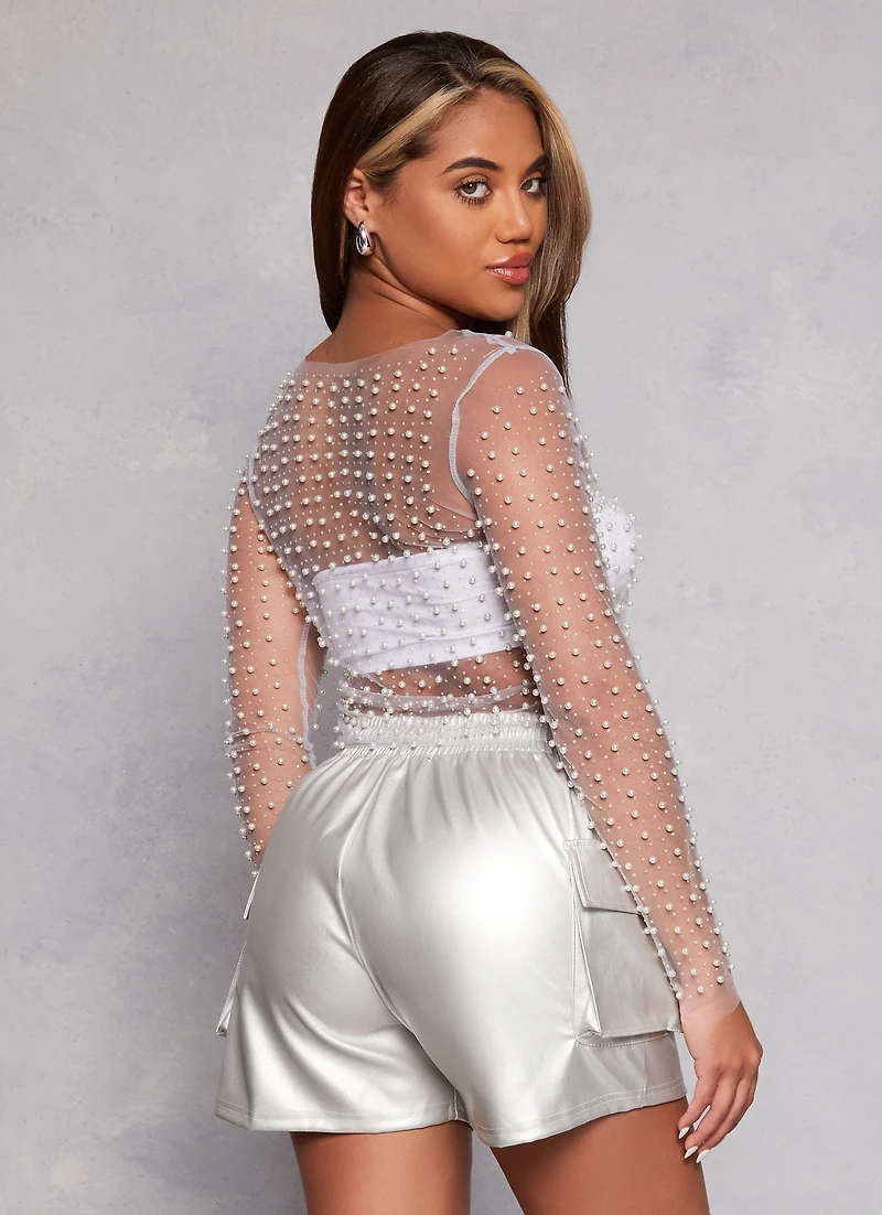 Womens Haute Monde Mesh Rhinestone Faux Pearl Top, White, Size M