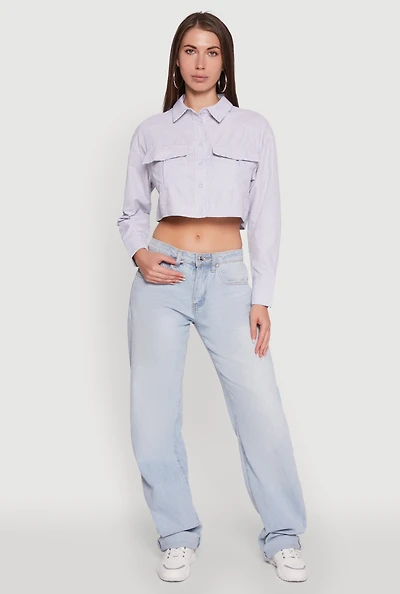 Womens Haute Monde Striped Long Sleeve Cropped Shirt, Grey, Size S