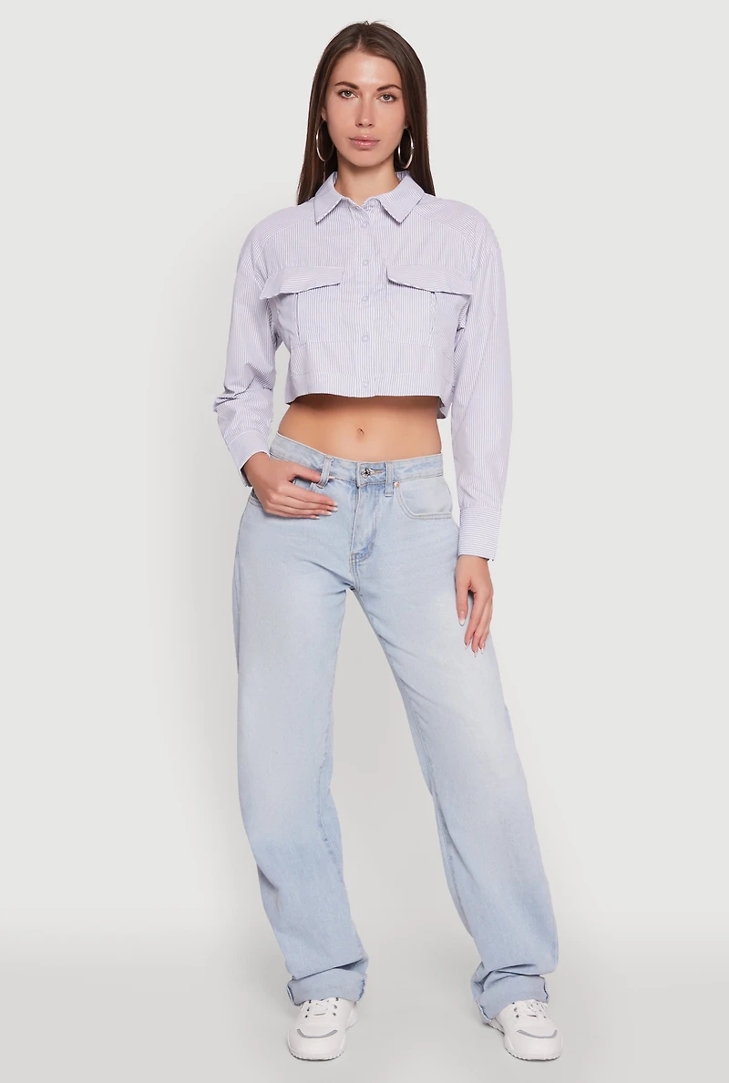 Womens Haute Monde Striped Long Sleeve Cropped Shirt, Grey,