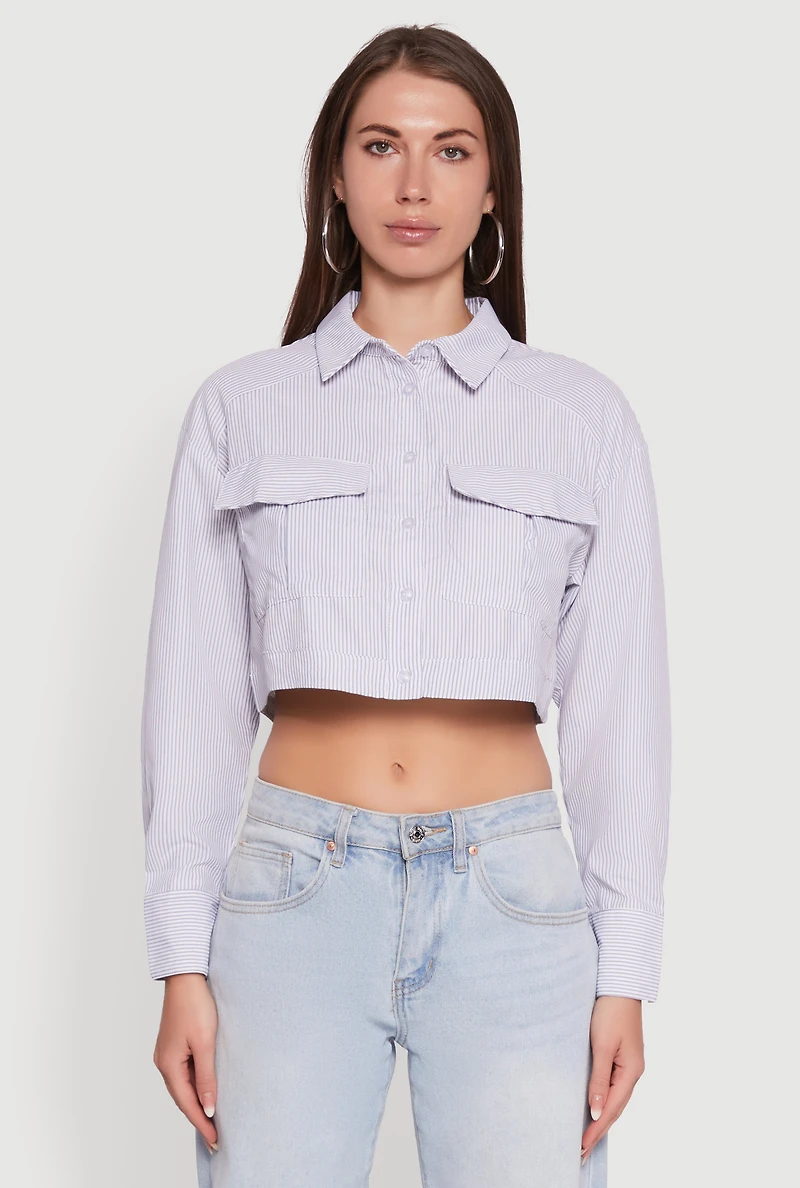 Womens Haute Monde Striped Long Sleeve Cropped Shirt, Grey,