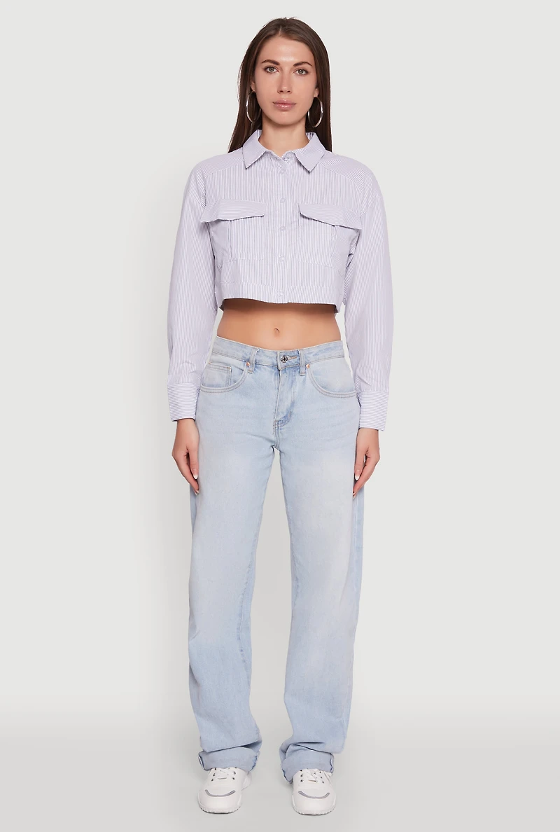 Womens Haute Monde Striped Long Sleeve Cropped Shirt, Grey,