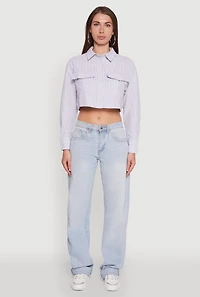 Womens Haute Monde Striped Long Sleeve Cropped Shirt, Grey,