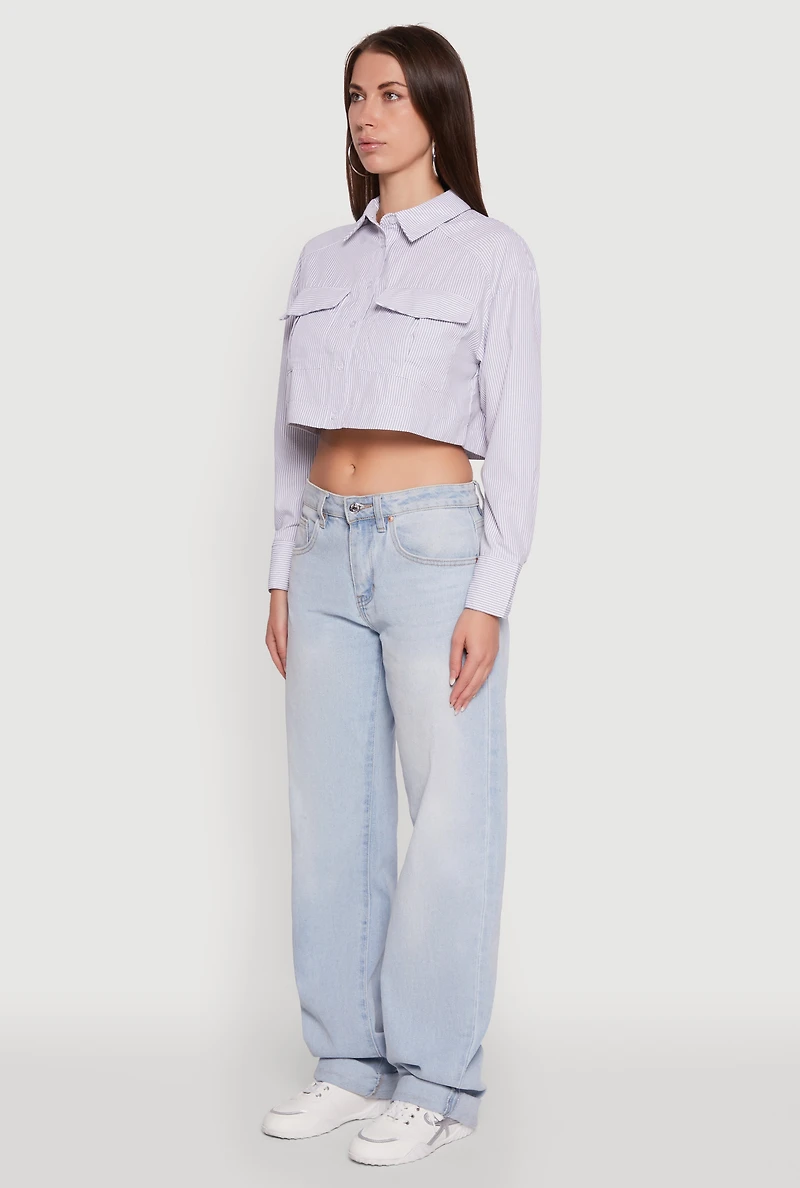 Womens Haute Monde Striped Long Sleeve Cropped Shirt, Grey,