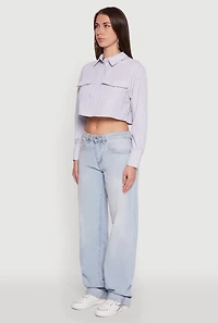 Womens Haute Monde Striped Long Sleeve Cropped Shirt, Grey,