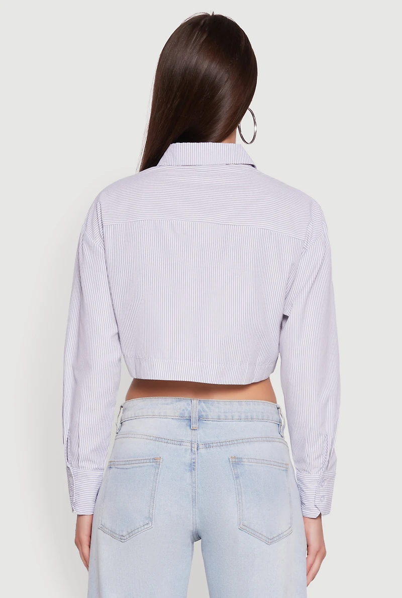 Womens Haute Monde Striped Long Sleeve Cropped Shirt, Grey,
