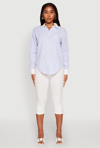 Womens Haute Monde Striped Poplin Shirt with Contrast Trim, Blue, Size M