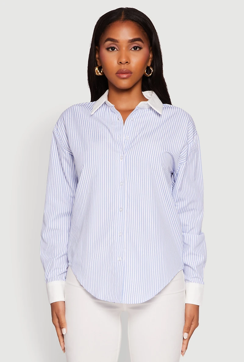 Womens Haute Monde Striped Poplin Shirt with Contrast Trim, Blue,