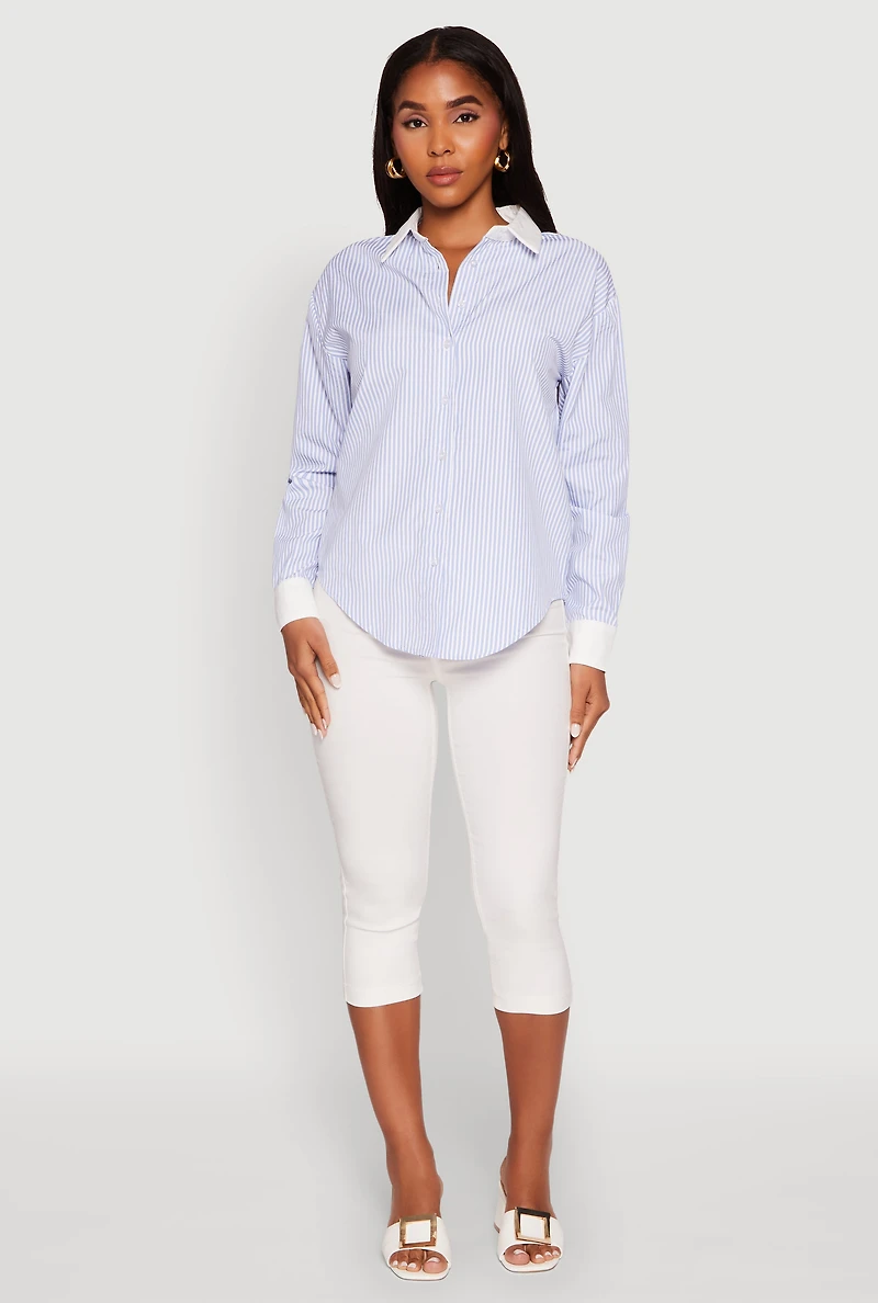 Womens Haute Monde Striped Poplin Shirt with Contrast Trim, Blue, Size M