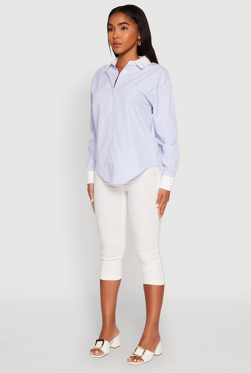 Womens Haute Monde Striped Poplin Shirt with Contrast Trim, Blue, Size M