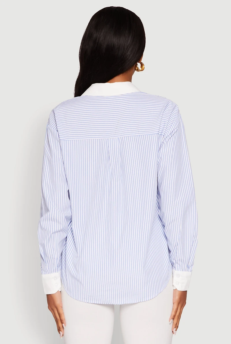 Womens Haute Monde Striped Poplin Shirt with Contrast Trim, Blue, Size M