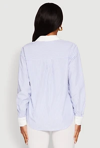 Womens Haute Monde Striped Poplin Shirt with Contrast Trim, Blue, Size M