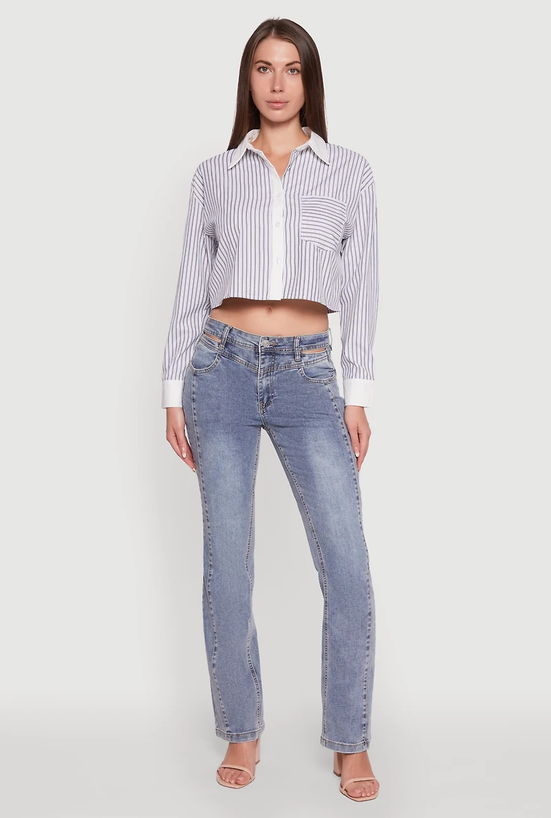 Womens Haute Monde Poplin Button Front Striped Cropped Shirt, Multi, Size L