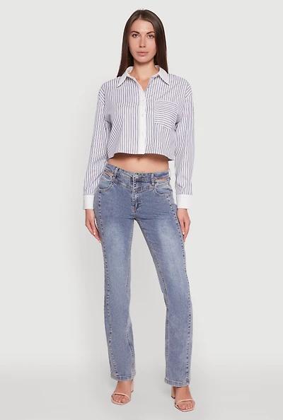 Womens Haute Monde Poplin Button Front Striped Cropped Shirt, Multi, Size L