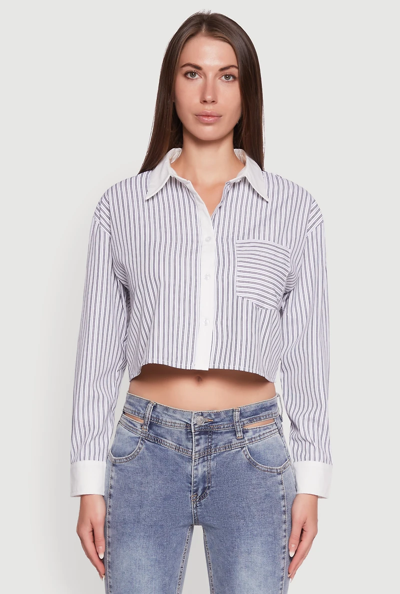 Womens Haute Monde Poplin Button Front Striped Cropped Shirt, Multi, Size L