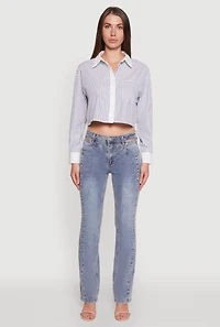 Womens Haute Monde Poplin Button Front Striped Cropped Shirt, Multi, Size L