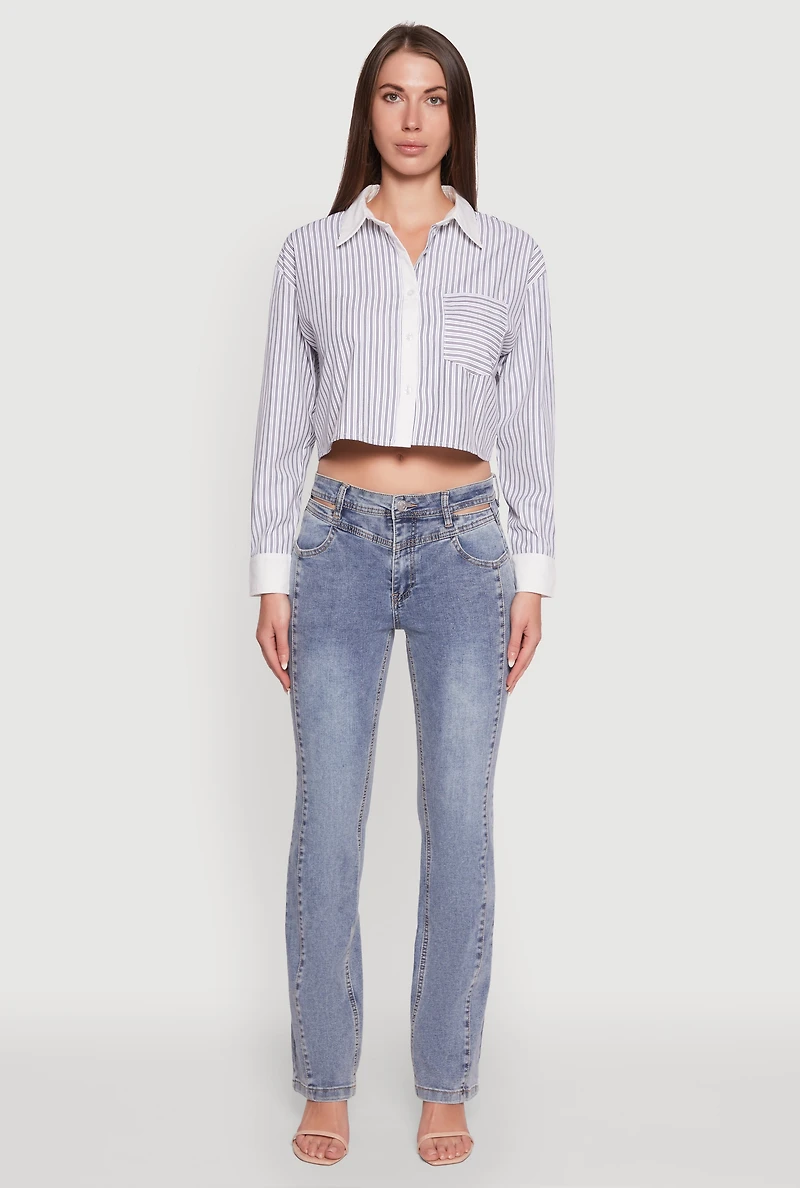 Haute Monde Poplin Button Front Striped Cropped Shirt