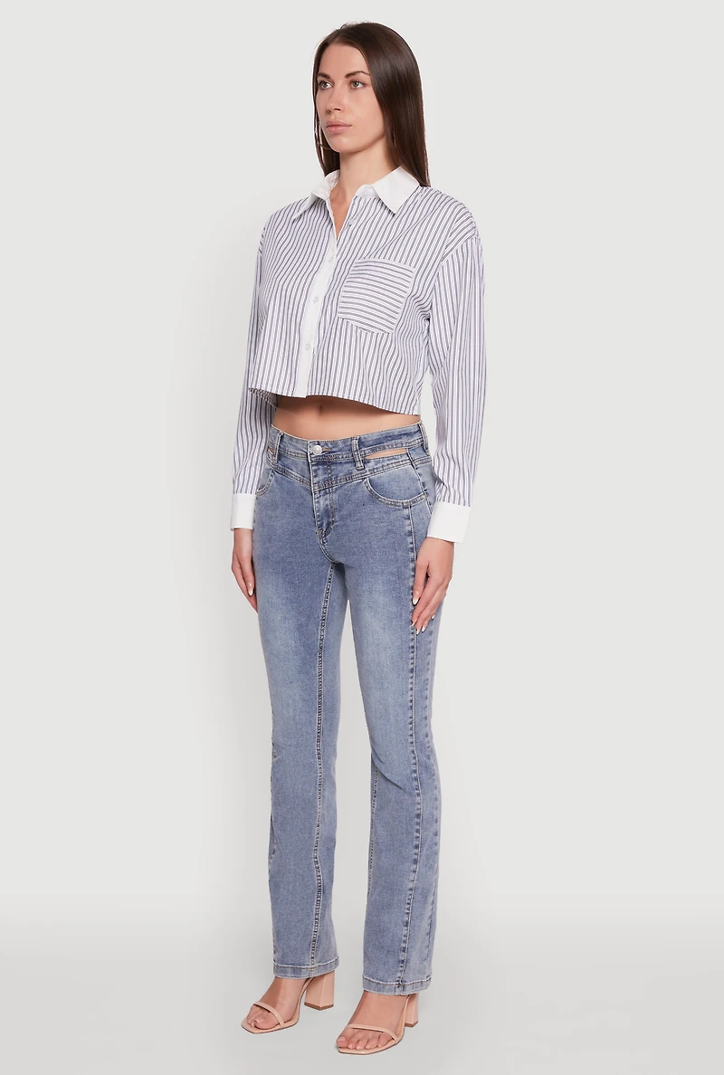 Womens Haute Monde Poplin Button Front Striped Cropped Shirt, Multi, Size L