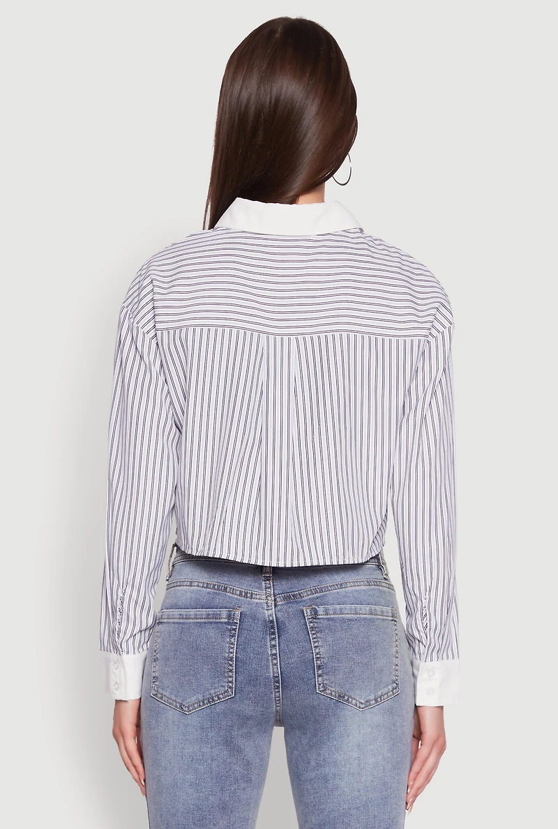 Haute Monde Poplin Button Front Striped Cropped Shirt