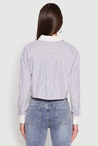 Haute Monde Poplin Button Front Striped Cropped Shirt