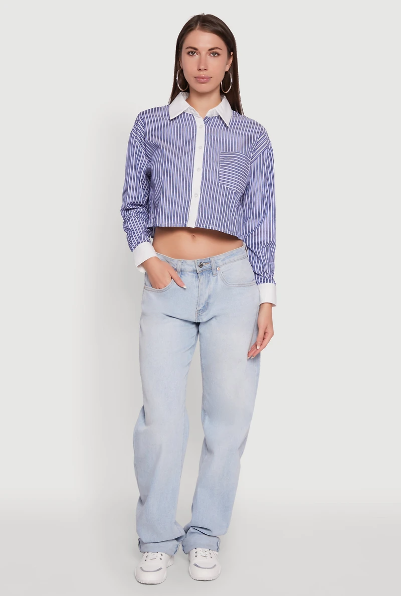 Womens Haute Monde Poplin Button Front Striped Cropped Shirt, Blue, Size L