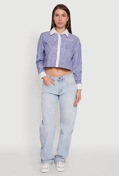 Womens Haute Monde Poplin Button Front Striped Cropped Shirt, Blue, Size L