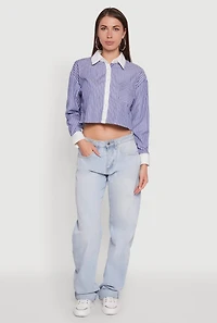 Womens Haute Monde Poplin Button Front Striped Cropped Shirt, Blue, Size L