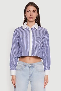 Womens Haute Monde Poplin Button Front Striped Cropped Shirt, Blue, Size L