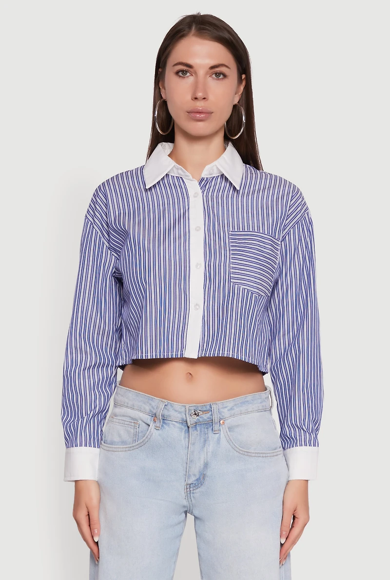 Womens Haute Monde Poplin Button Front Striped Cropped Shirt, Blue, Size M