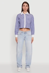 Womens Haute Monde Poplin Button Front Striped Cropped Shirt, Blue, Size L
