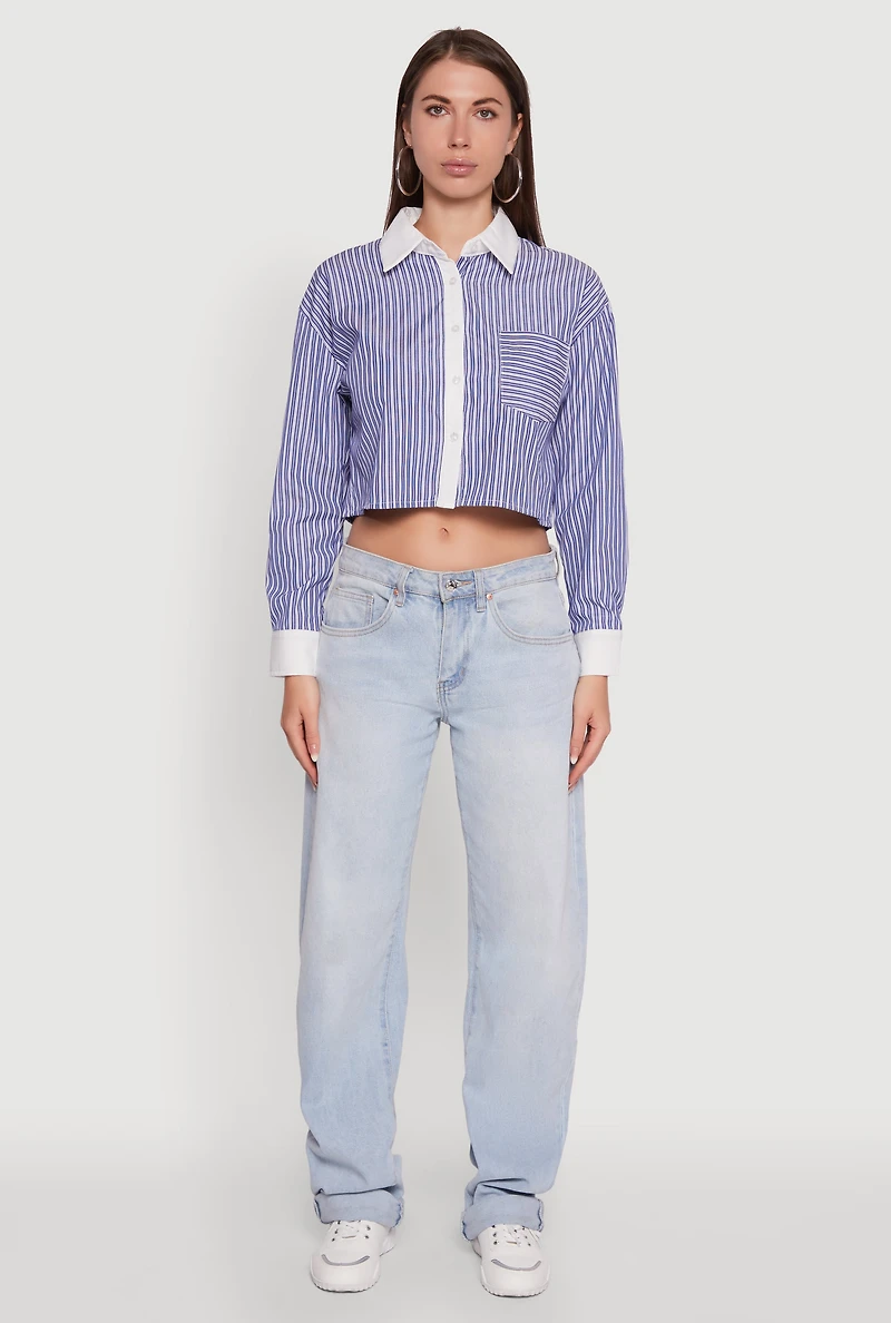 Womens Haute Monde Poplin Button Front Striped Cropped Shirt, Blue, Size M
