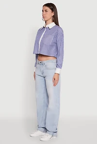 Womens Haute Monde Poplin Button Front Striped Cropped Shirt, Blue, Size L