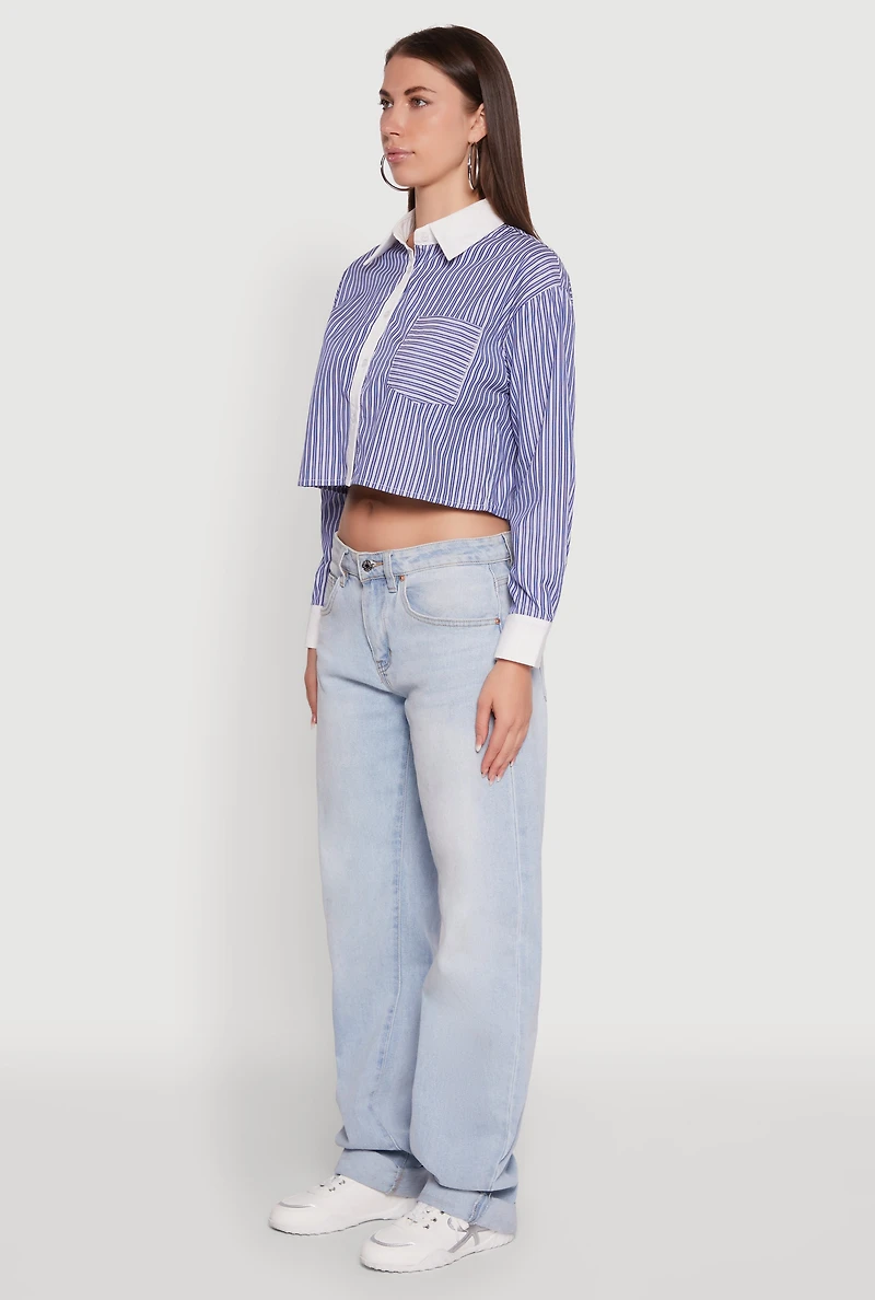 Womens Haute Monde Poplin Button Front Striped Cropped Shirt, Blue, Size M