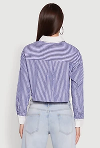Womens Haute Monde Poplin Button Front Striped Cropped Shirt, Blue, Size L