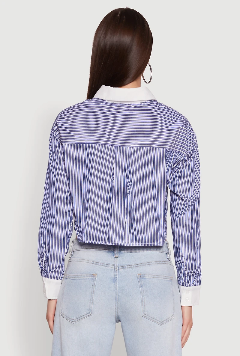 Womens Haute Monde Poplin Button Front Striped Cropped Shirt, Blue, Size M
