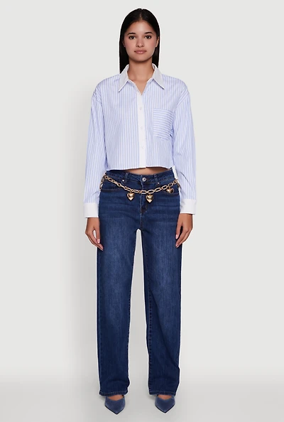 Womens Haute Monde Poplin Button Front Striped Cropped Shirt, Blue,