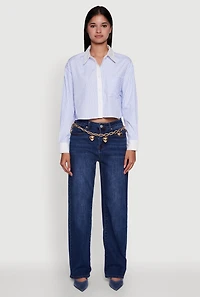 Womens Haute Monde Poplin Button Front Striped Cropped Shirt, Blue,