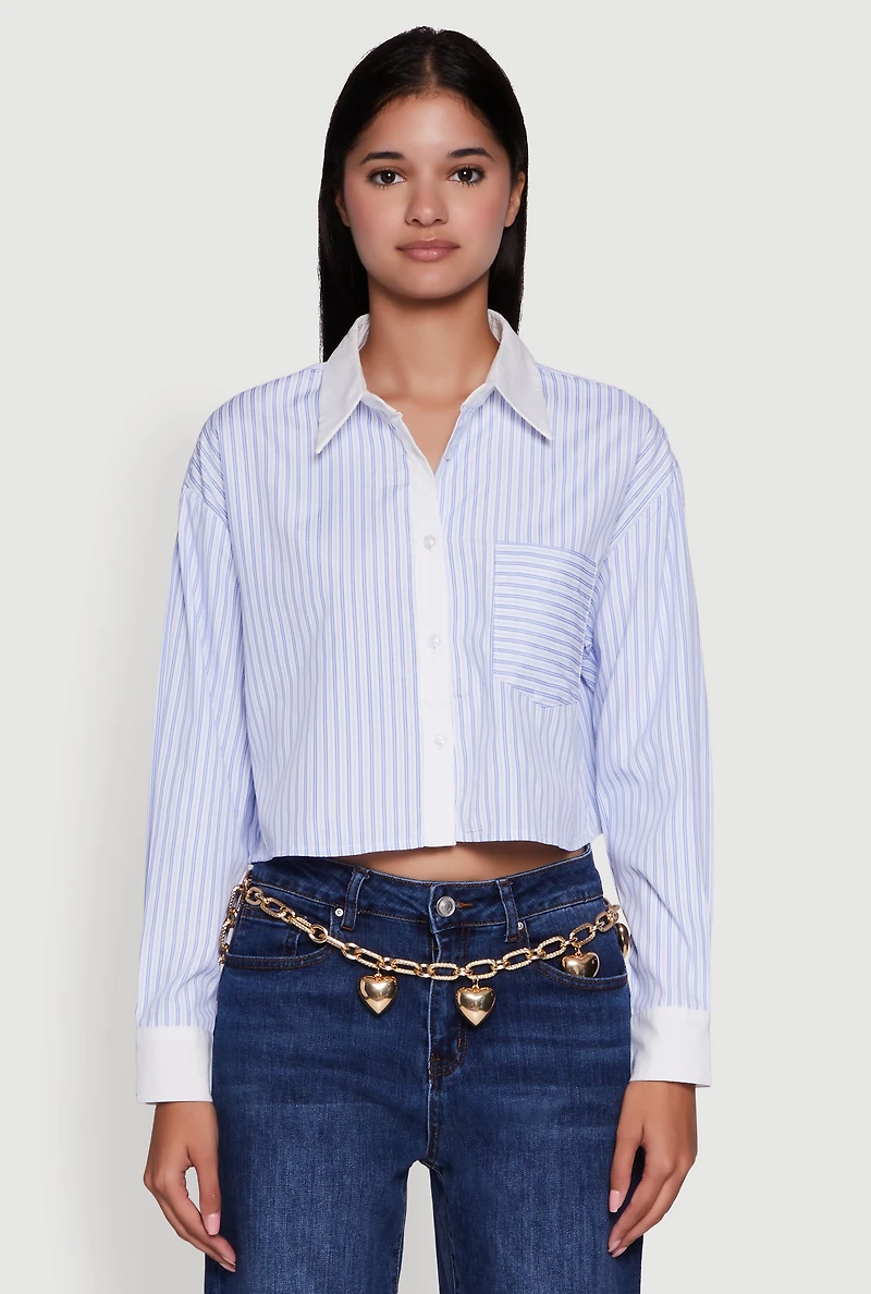 Womens Haute Monde Poplin Button Front Striped Cropped Shirt, Blue, Size L