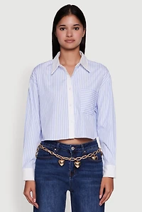 Womens Haute Monde Poplin Button Front Striped Cropped Shirt, Blue, Size L
