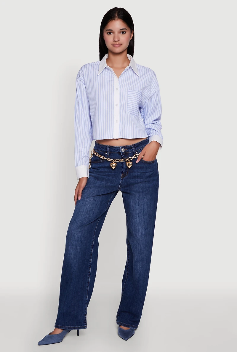 Womens Haute Monde Poplin Button Front Striped Cropped Shirt, Blue, Size L