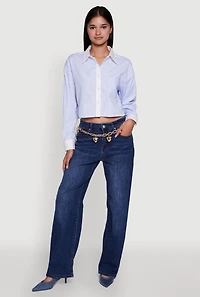 Womens Haute Monde Poplin Button Front Striped Cropped Shirt, Blue, Size L