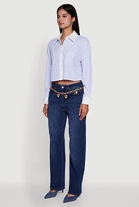 Womens Haute Monde Poplin Button Front Striped Cropped Shirt, Blue, Size L