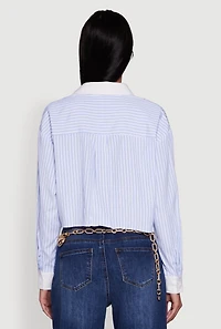 Womens Haute Monde Poplin Button Front Striped Cropped Shirt, Blue,