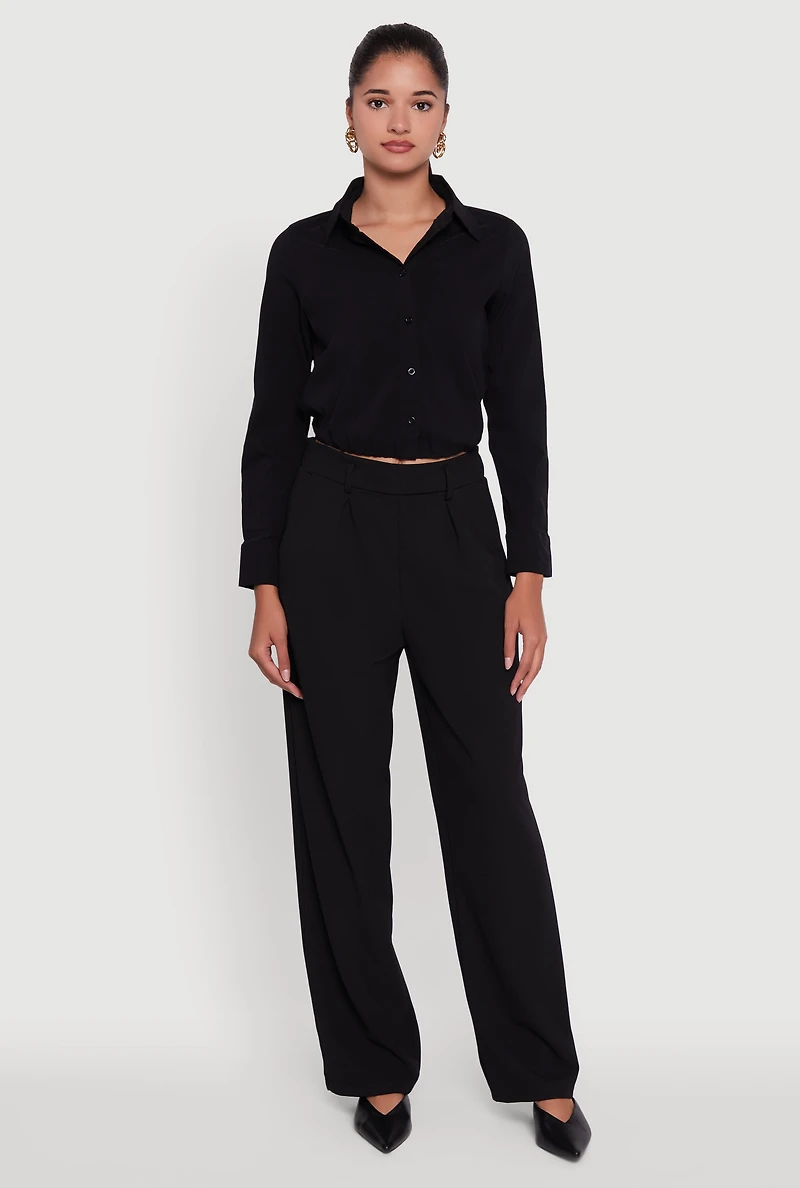 Womens Cropped Button Front Elastic Hem Blouse, Black,