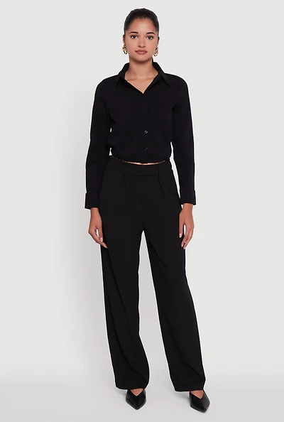 Womens Cropped Button Front Elastic Hem Blouse,