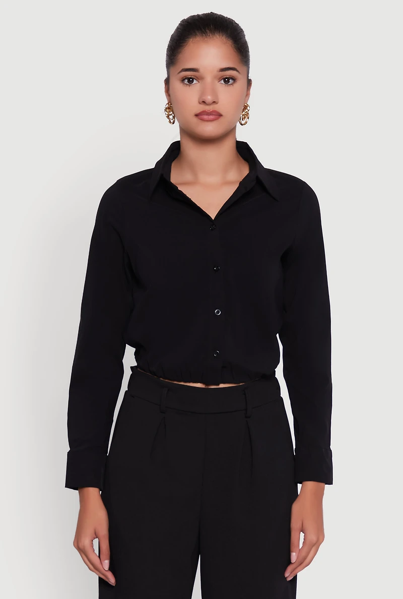 Womens Cropped Button Front Elastic Hem Blouse, Black,