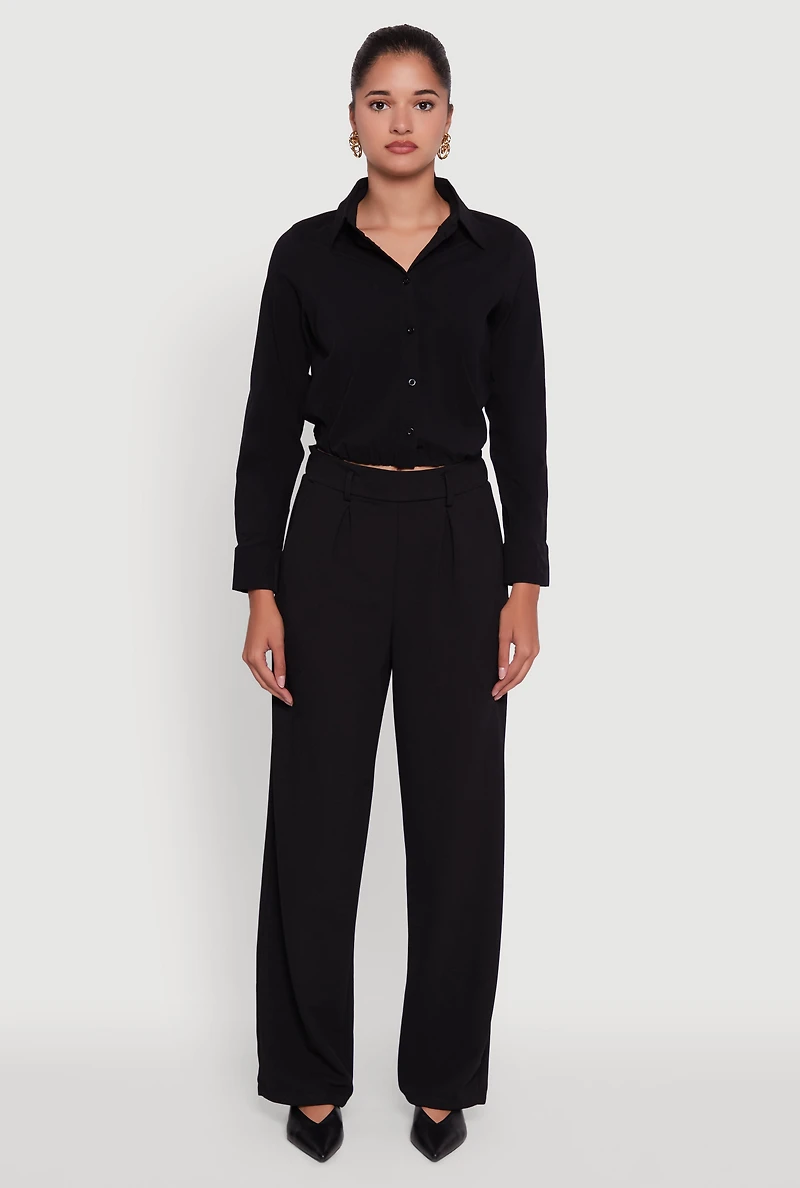 Womens Cropped Button Front Elastic Hem Blouse, Black, Size M